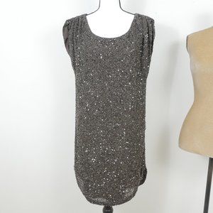 Haute Hippie Charcoal Gray Beaded Sequin Short Sleeve Art Deco XS Sheath Dress